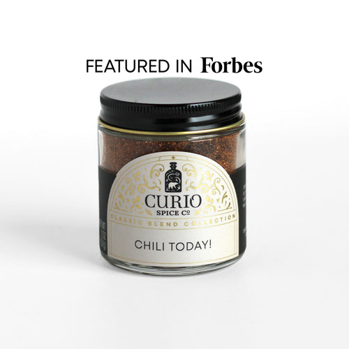 Curio Spice Co. Classic Blend Chili Today! in a glass jar, as featured in Forbes.