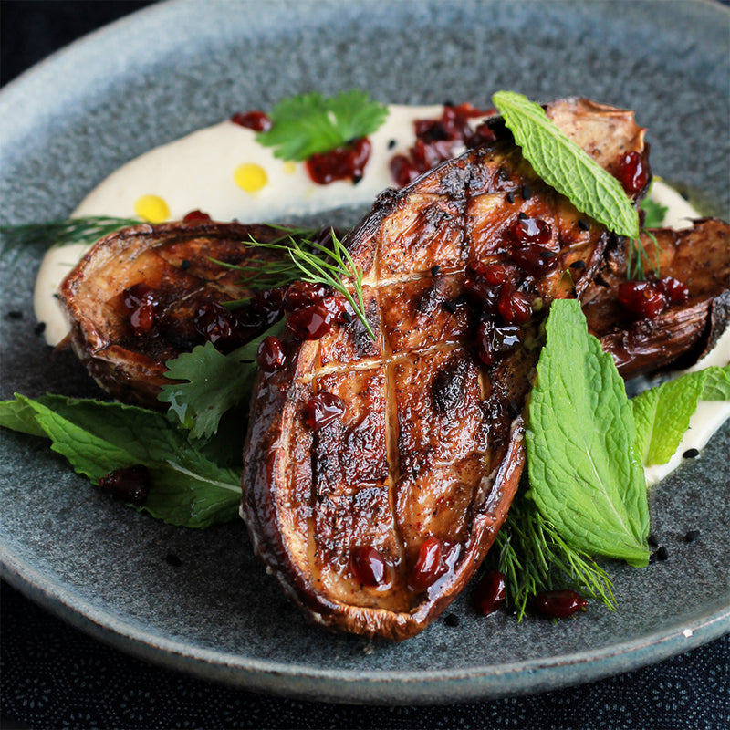 Ras El Hanout Roasted Eggplant with Tahini Sauce & Barberries