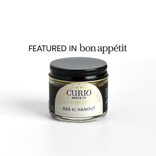 Curio Spice Co. Classic Blend Ras El Hanout in a glass jar, as featured in Bon Appetit.