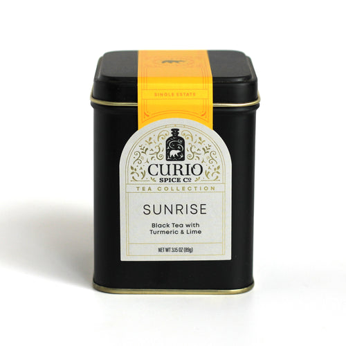 Curio Spice Co. Beverage Blend Sunrise Black Tea in a tin.