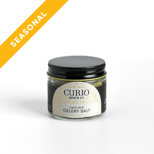 Curio Spice Co. Classic Blend Caitlin's Celery Salt in a glass jar.