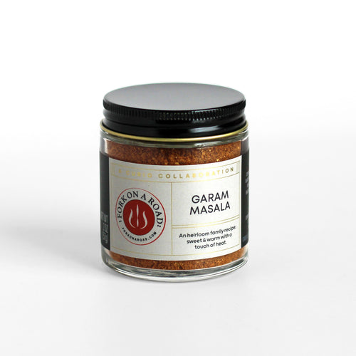 Curio Spice Co. Classic Blend Garam Masala in a glass jar, made in collaboration with Fork On A Road.