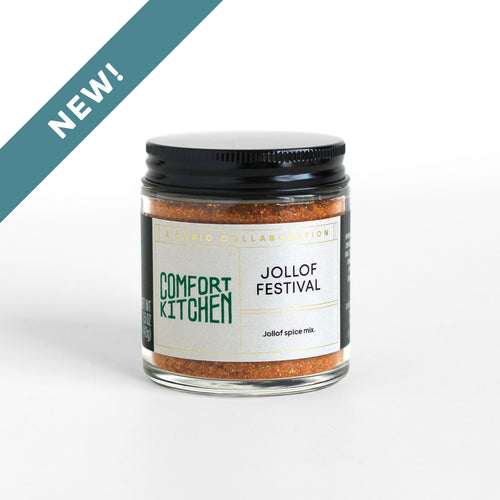 Curio Spice Co. Classic Blend Jollof Festival in a glass jar, made in collaboration with Comfort Kitchen.