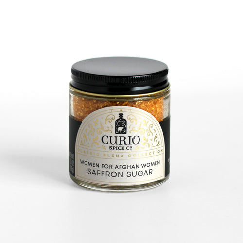 Curio Spice Co. Classic Blend Saffron Sugar in a glass jar.