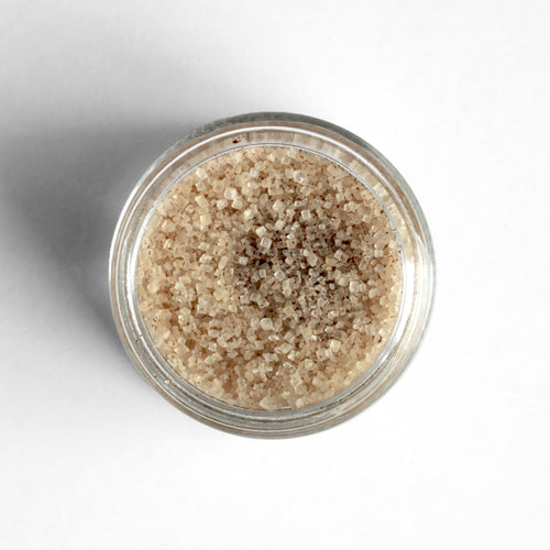 Curio Spice Co. Classic Blend Vanilla Sugar in a glass jar from above.