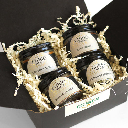 Curio Spice Co. Seasoned Greetings gift set made in collaboration with Food For Free, featuring Classic Blends made with  fair-trade single origin sustainable spices.