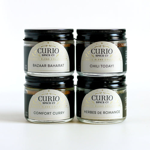 Curio Spice Co. Seasoned Greetings gift set made in collaboration with Food For Free, featuring Classic Blends made with  fair-trade single origin sustainable spices.