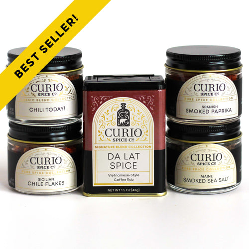 Curio Spice Co. Smoke And Grill gift set featuring the Da Lat Spice Signature Blend, Chili Today! Classic Blend, and and fair-trade single origin sustainable spices.