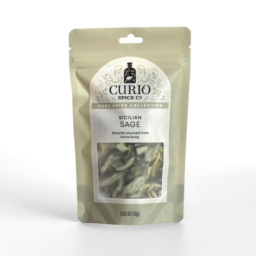 Curio Spice Co. fair-trade single origin sustainable Sicilian Sage in a resealable bag.