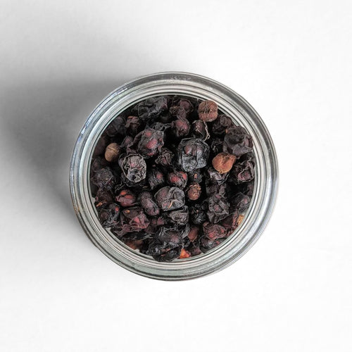 Curio Spice Co. fair-trade single origin sustainable schisandra berries in a glass jar from above.