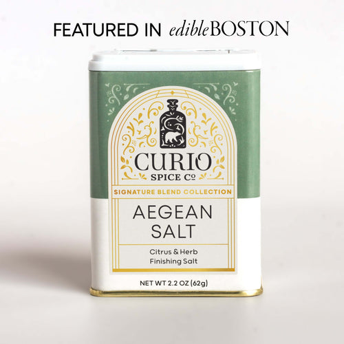 Curio Spice Co. Aegean Salt Signature Blend in a tin, a citrus and herb finishing salt made with fair-trade single origin sustainable spices.