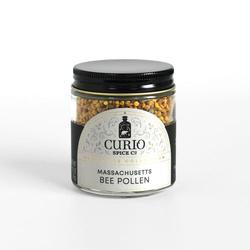 Curio Spice Co. fair-trade single origin sustainable Massachusetts Bee Pollen in a glass jar.