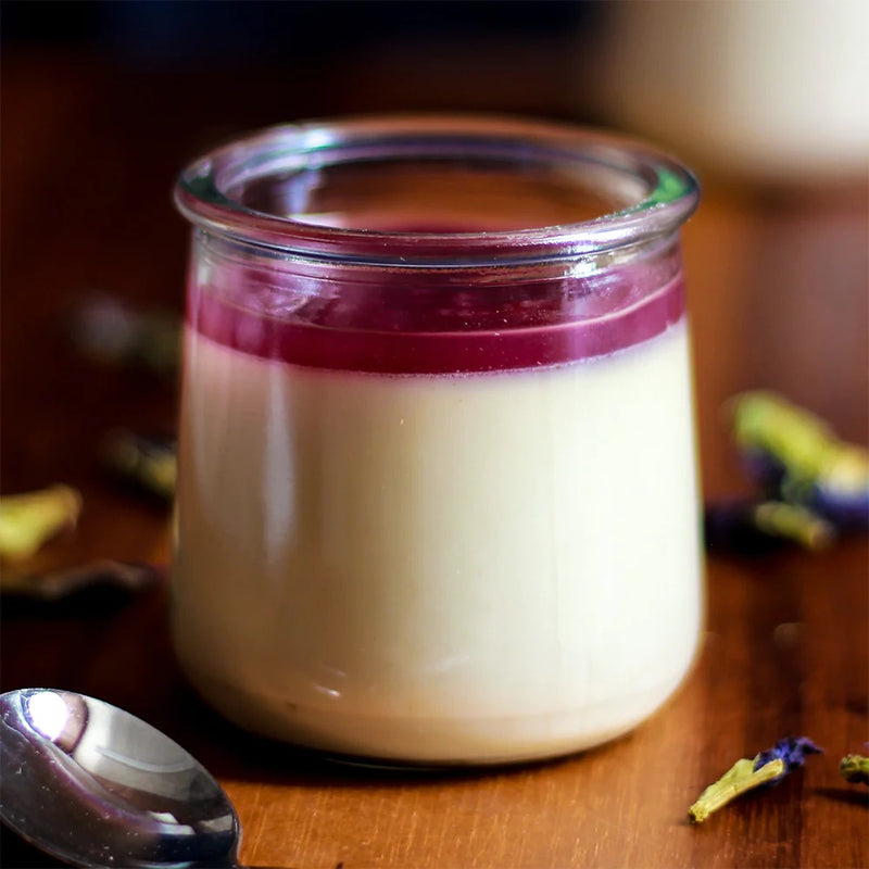 Vegan Panna Cotta with Lemon-Butterfly Pea Glaze