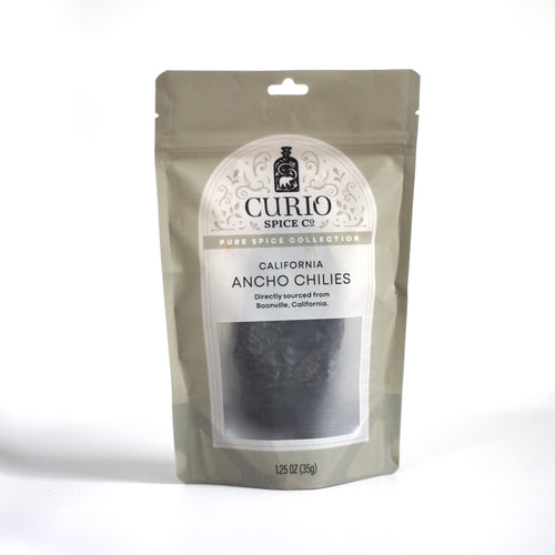 Curio Spice Co. fair-trade single origin sustainable California whole ancho chilies in a resealable bag.