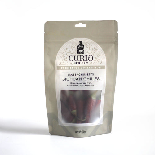 Curio Spice Co. fair-trade single origin sustainable Massachusetts whole Sichuan chiles in a resealable bag.