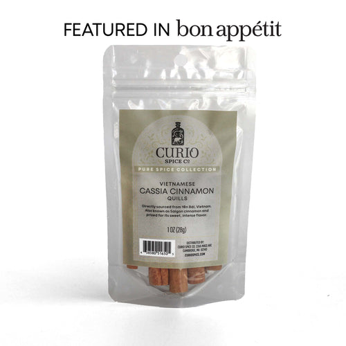 Curio Spice Co. fair-trade single origin sustainable Vietnamese Cassia Cinnamon quills in a resealable bag, as featured in Bon Appetit.