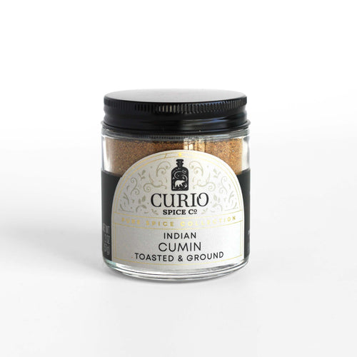 Curio Spice Co. fair-trade single origin sustainable Indian toasted and ground cumin in a glass jar.