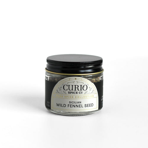 Curio Spice Co. fair-trade single origin sustainable Sicilian Wild Fennel Seed in a glass jar.