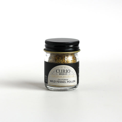 Curio Spice Co. fair-trade single origin sustainable California Wild Fennel Pollen in a glass jar.