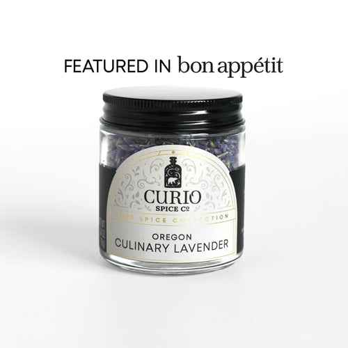 Curio Spice Co. fair-trade single origin sustainable Oregano Culinary Lavender in a glass jar, as featured in Bon Appetit.