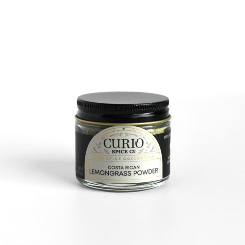 Curio Spice Co. fair-trade single origin sustainable Costa Rican Lemongrass Powder in a glass jar.