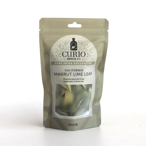 Curio Spice Co. fair-trade single origin sustainable California Makrut Kaffir Lime Leaf in a resealable bag.