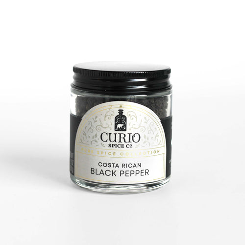 Curio Spice Co. fair-trade single origin sustainable Costa Rican Black Pepper in a glass jar.