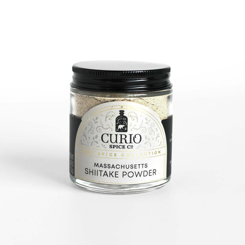 Curio Spice Co. fair-trade single origin sustainable Massachusetts Shiitake Powder in a glass jar.