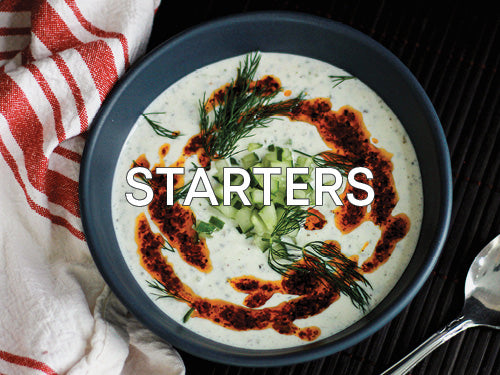 Curio Spice Co. recipe category for starters, featuring Cucumber Yogurt Soup with Maras Chile and Sumac Drizzle