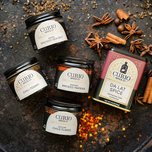 Curio Spice Co. Smoke And Grill gift set featuring the Da Lat Spice Signature Blend, Chili Today! Classic Blend, and and fair-trade single origin sustainable spices.